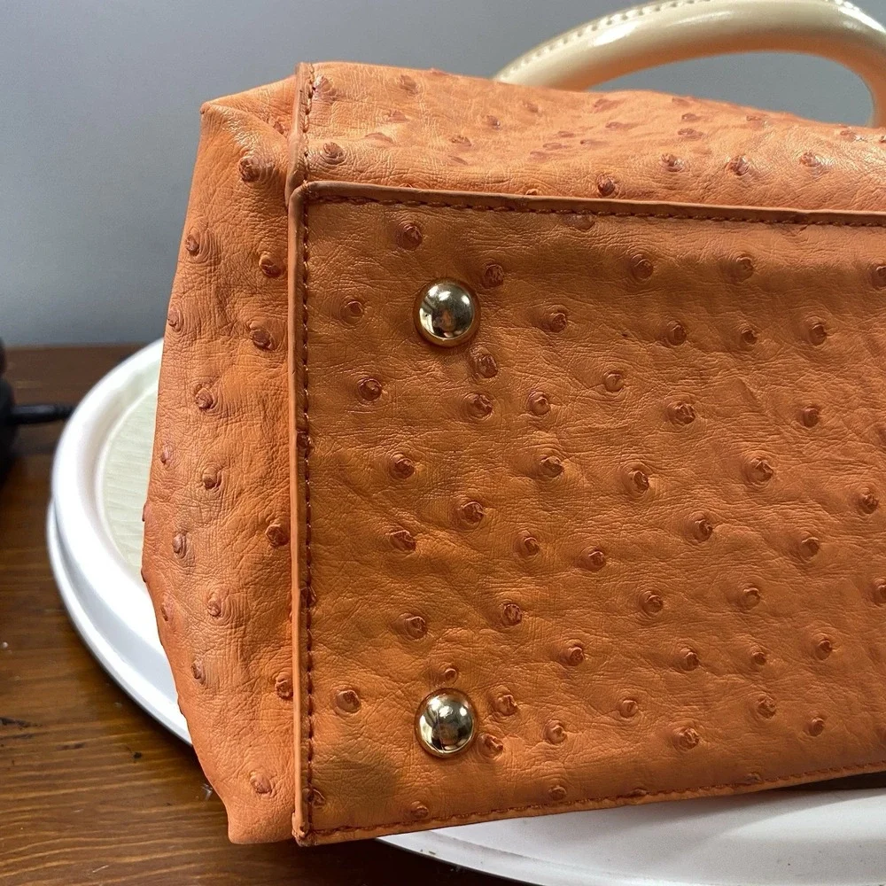 Original Spirit Women Faux Ostrich Leather Embossed Orange Handbag 10x11x4.5